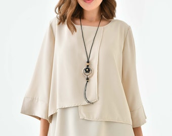 Beige Asymmetric Layered Blouse with Necklace