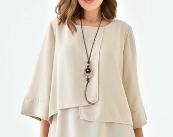 Oversized Fit 3/4 Sleeve Asymmetric Layered Blouse in Beige with Necklace