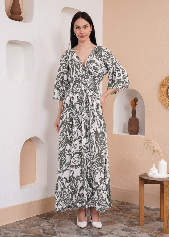 chinese dress ladies Khaki Maple Grove Floral Smocked Puff Sleeve Maxi Dress – Quirky Birds  Apparel and Décor main image 0