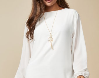 Übergroßes plissiertes Tülloberteil: Langarm-Chic-Bluse