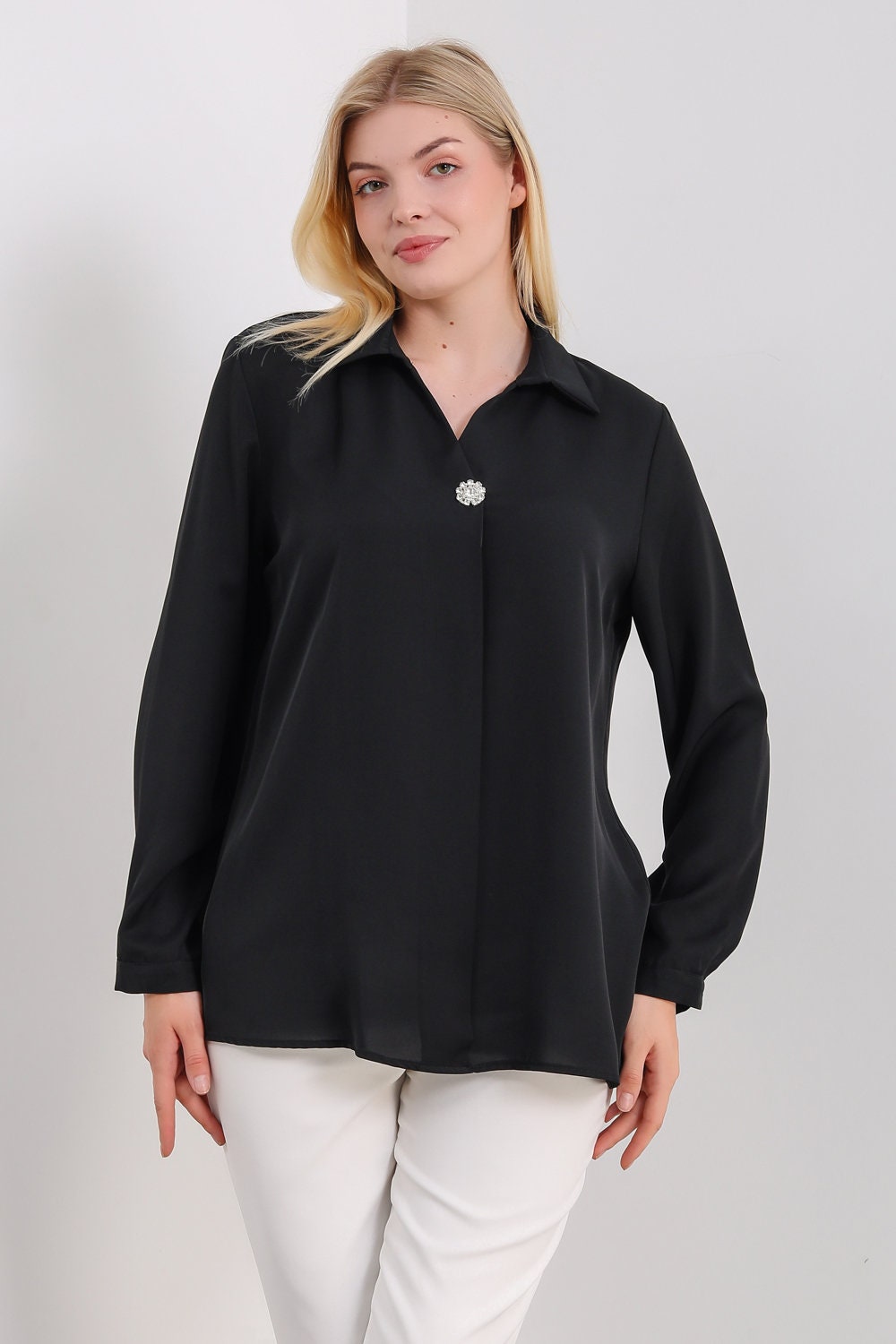 Black Oversized Blouse With Brooch Detail Long Sleeve Relaxed Fit