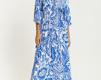 Floral Viscose Maxi Dress: Breezy Blue & White Flutter Sleeve