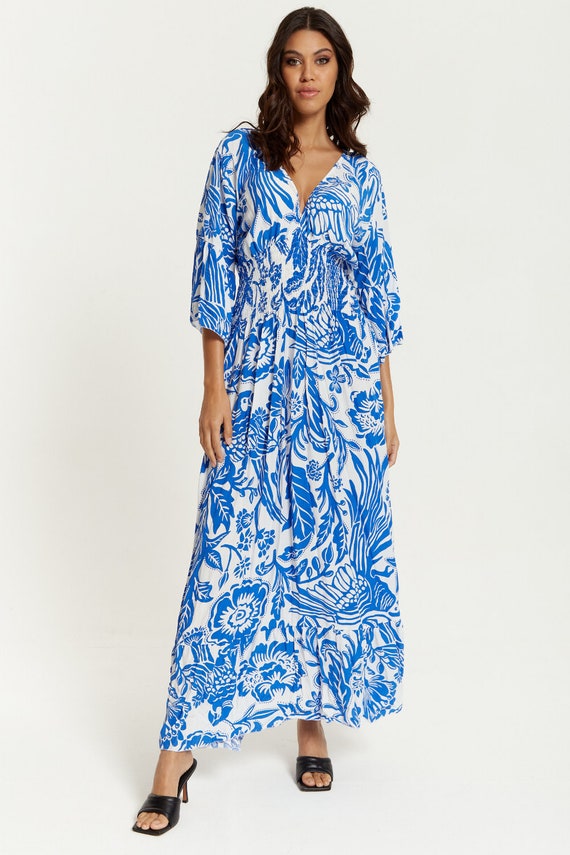 Floral Viscose Maxi Dress: Breezy Blue & White Flutter Sleeve