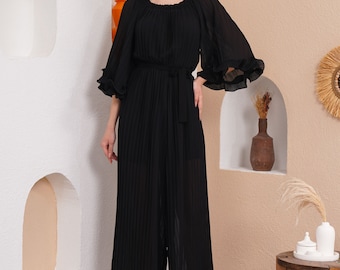 Oversized Wide Sleeves Pleated Jumpsuit with Belt Detail in Black