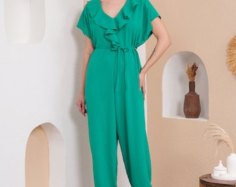 Oversized Short Sleeves Frilled Front Jumpsuit in Green, Chic Jumpsuit
