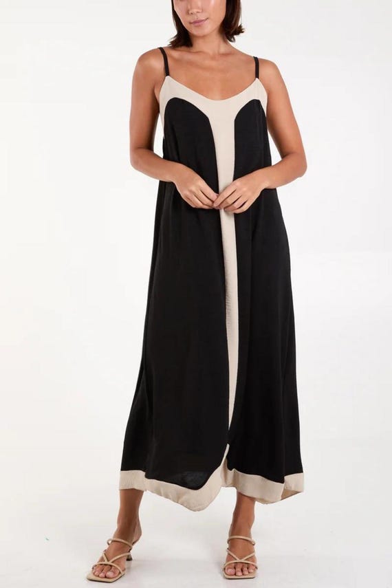 Black Viscose Cami Midi Dress: Relaxed Fit Sleeveless Summer Dress