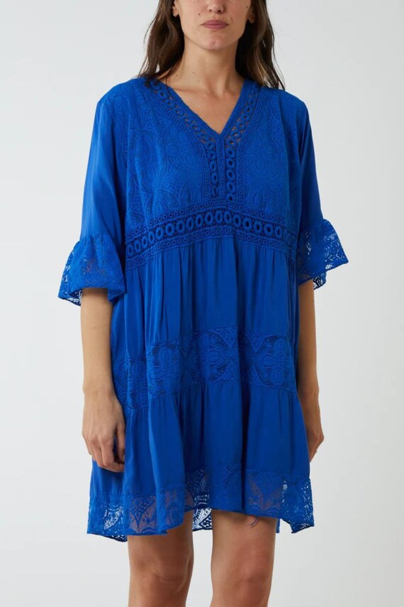 Blue Lace Smock Dress: Relaxed Boho Mini Dress - Etsy Blue Lace Smock Dress: Relaxed Boho Mini Dress - Etsy
