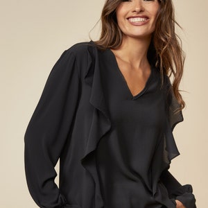 Loose Fit Blouse with Ruffles and Long Sleeves, V Neck Blouse, Shirring Top, Summer Spring Elegant Black Blouse, Capsule Wardrobe