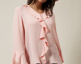 Ruffle Detailed Top, Office Wear Top, Work Wear Long Sleeve Top, Modest Fashion, Flattering Top, Plus Size Loose Fit Top, Pink Top