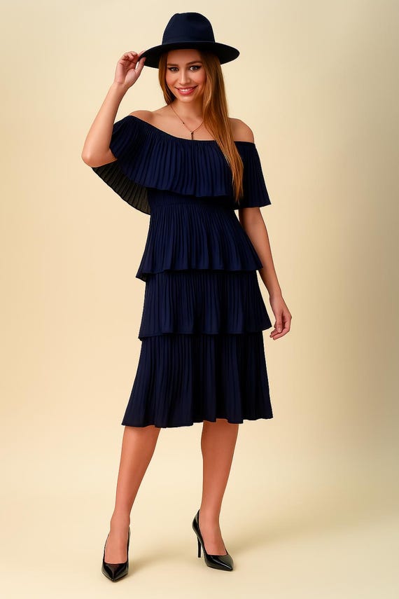 Navy Viscose Midi Dress: Elegant Layered Chic Summer Dress - Etsy Navy Viscose Midi Dress: Elegant Layered Chic Summer Dress - Etsy