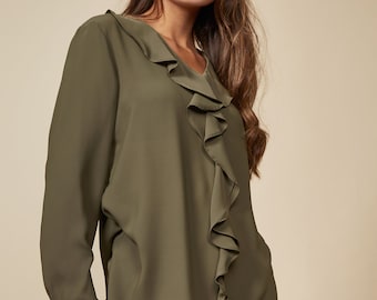 Ruffle Detailed Top, Office Wear Top, Work Wear Long Sleeve Top, Modest Fashion, Flattering Top, Plus Size Loose Fit Top, Khaki Top