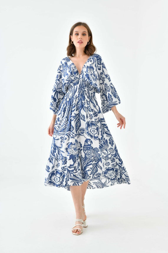 viscose midi dress with sleeves Floral Print Midi Dress: Viscose Flutter Sleeve V-Neck