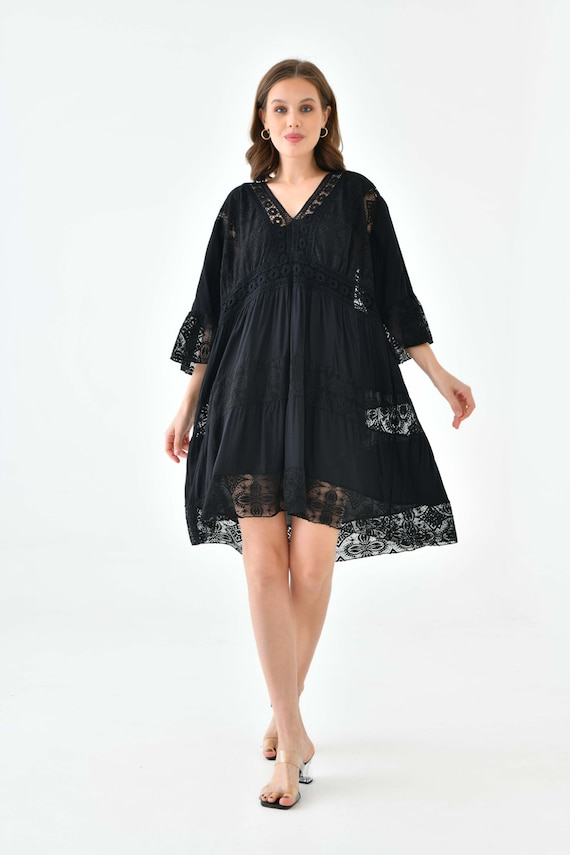 Oversized 3/4 Sleeves Lace Detailed V Neck Mini Dress in Black - Etsy Oversized 3/4 Sleeves Lace Detailed V Neck Mini Dress in Black - Etsy