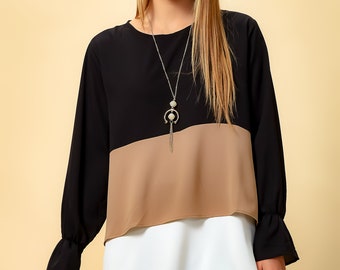 Oversized tuniektop met kleurvlakken, lange mouw, beige, zwart, wit