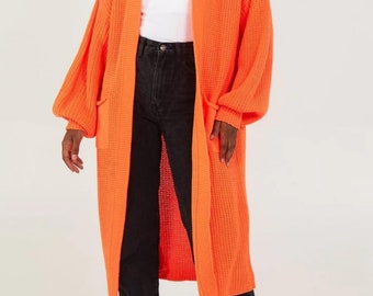 Oversized Long Sleeves Midi Knitted Cardigan with Pocket Details in Orange