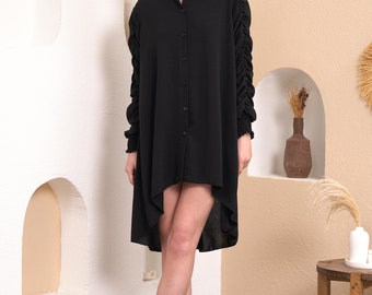 Oversized Shirred Long Sleeve Ruffle Detailed Shirt Tunic in Black