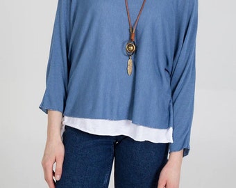 Blue Viscose Blouse: Round Neck, Long Sleeve, Relaxed Fit