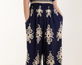 Relaxed Fit Tie Neck Strapless Printed Jumpsuit in Navy and Beige