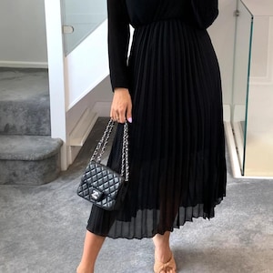 Black Viscose Maxi Dress: Pleated Long Sleeve Wrap Front
