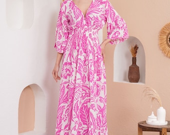 Floral Maxi Dress: Viscose V-Neck Flutter Sleeve Pink Beach Dress