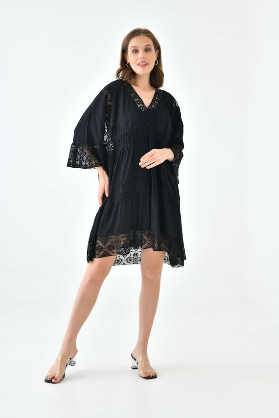 Oversized 3/4 Sleeves Lace Detailed V Neck Mini Dress in Black - Etsy Oversized 3/4 Sleeves Lace Detailed V Neck Mini Dress in Black - Etsy