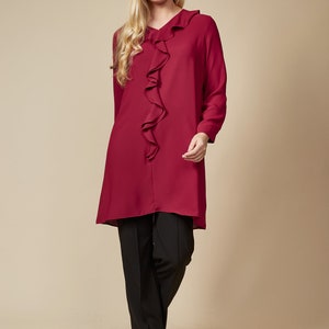 Blusa de verano con volantes, blusa elegante para el trabajo, armario cápsula, túnica de talla grande, blusa de verano de manga larga, túnica burdeos holgada