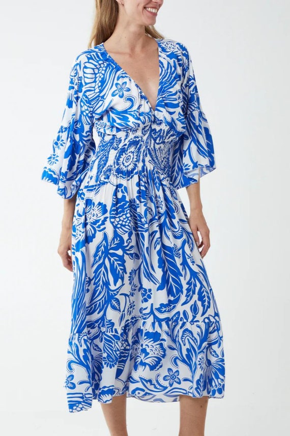 Robe midi bleue à imprimé floral robe bohème en viscose - Main Image