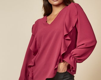 Loose Fit Blouse with Ruffles and Long Sleeves, V Neck Blouse, Shirring Top, Summer Spring Elegant Burgundy Blouse, Capsule Wardrobe