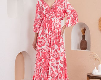 Floral Viscose Maxi Dress: Flutter Sleeves, V Neck, Relaxed Fit