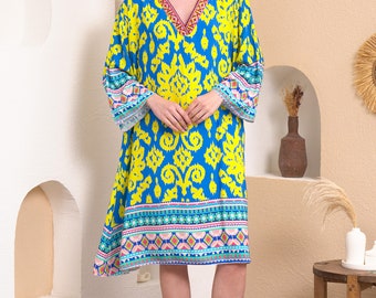 Oversized Long Sleeves V Neck Printed Midi Dress in Blue , V Neck Relaxed Fit Dress, Blue Beach Wear Dress