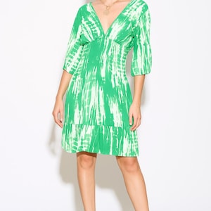 Printed Viscose Mini Dress: Green & White Shirred Waist V-Neck