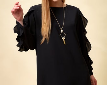 Relaxed Fit Tunic Top, Work Wear Top, Ruffle Detail Sleeve, Modest Clothing, Classic and Elegant Summer Top, Comes with a Matching Necklace