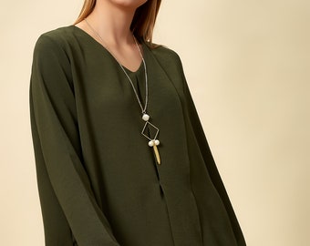 Oversized Asymmetric Top with Necklace in Khaki, Chic Office Wear Blouse