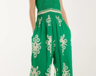 Relaxed Fit Tie Neck Strapless Printed Jumpsuit in Green and Beige