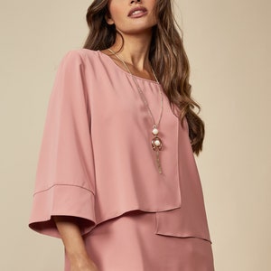 Asymmetrical Pink Tunic Top: Tiered Wide Sleeve Blouse
