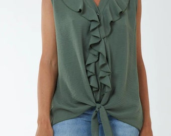 Khaki Sleeveless Top: Viscose Ruffle Tie-Front Blouse