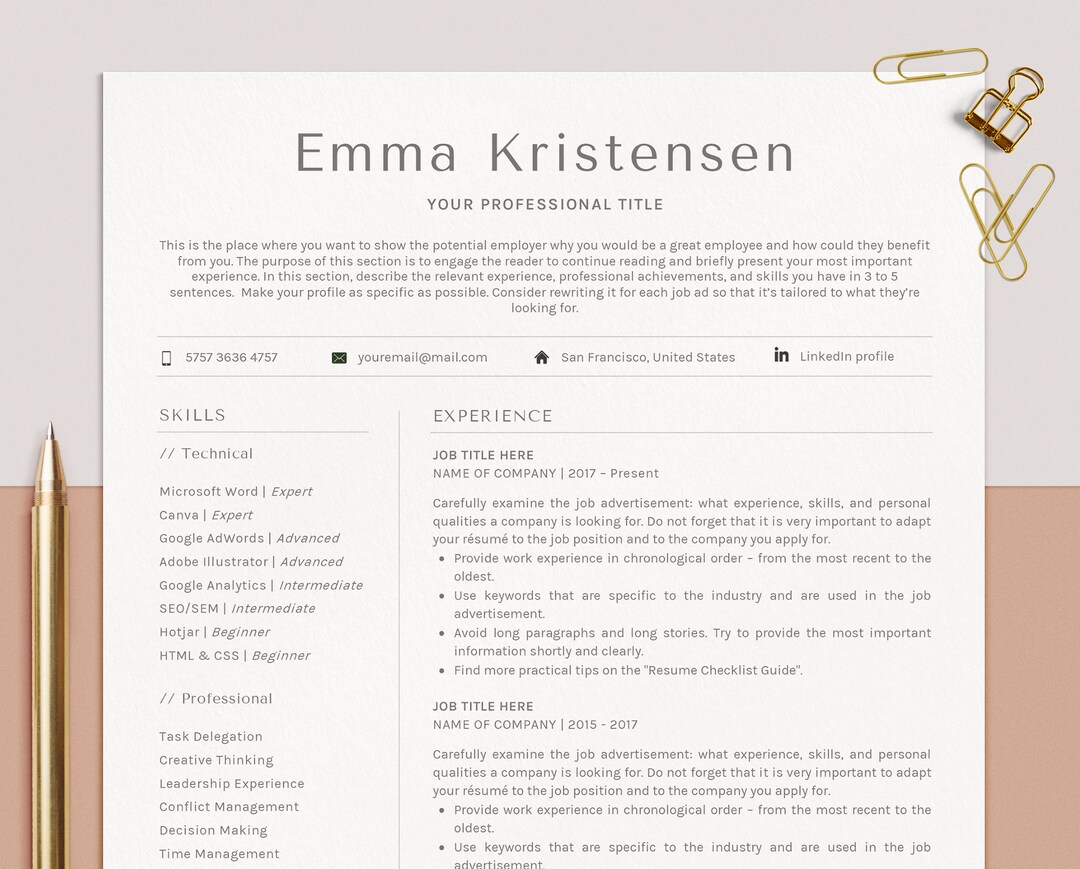 Minimalist GOOGLE Docs Resume Template, Clean CV Template Word, Modern ...