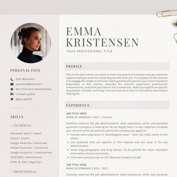 Resume Template Word, CV Template Modern Simple with Photo, Curriculum Vitae, Google Doc, Lebenslauf Vorlage, Bewerbungsvorlage, 1,2,3 Pages