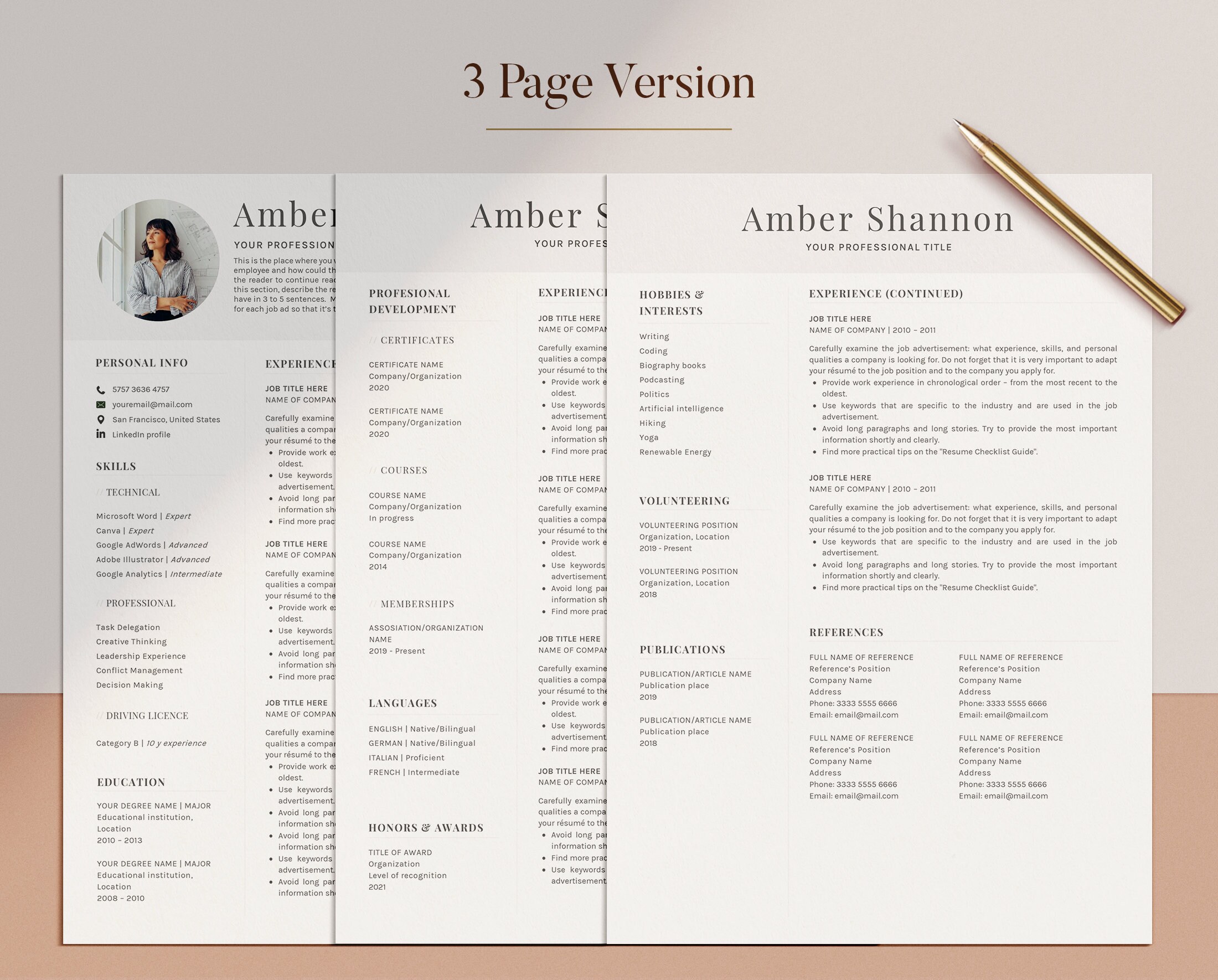 Modern Executive Resume Template, Simple Clean CV Template With Photo ...