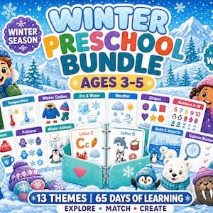 May include: A Winter Preschool Bundle educational set featuring 13 themes and 65 days of learning for ages 3-5. The display includes illustrated cards for temperature, winter clothes, weather, shapes, numbers, and letters, alongside cartoon characters.