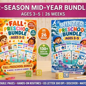 May include: Two educational preschool bundles for fall and winter, each covering 13 weeks for ages 3-5. The fall bundle features orange autumn leaves and pumpkins, while the winter bundle shows snowy scenes with polar animals and snowflakes.