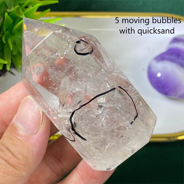 Natural  Enhydro Quartz Tower，5 Moving Bubbles with quicksand，Polished Enhydro Herkimer Diamond， Enhydro Crystal Tower，122.7g，A747