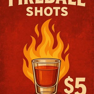 Może przedstawiać: Reklama w stylu vintage dla Fireball Shots. Obraz przedstawia kieliszek wypełniony czerwoną cieczą, na tle płomieni. Tekst "FIREBALL SHOTS" i "$5" jest wyświetlany pogrubioną, kremową czcionką.