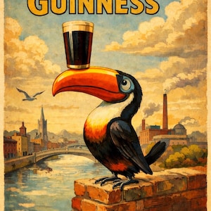 Peut inclure: Affiche vintage avec un toucan tenant une pinte de Guinness sur son bec. Le texte "Lovely Day for a Guinness" est en haut. L'arri&egrave;re-plan repr&eacute;sente un paysage urbain avec une rivi&egrave;re et un pont.