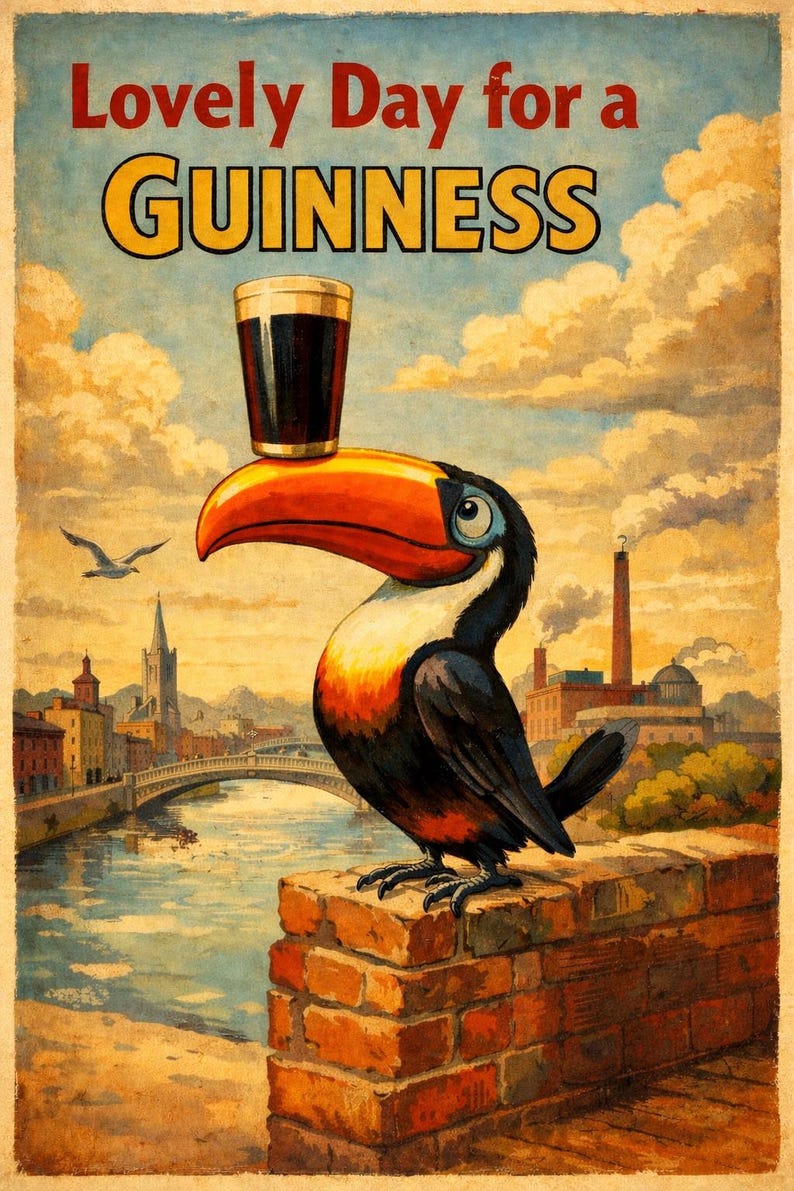 Peut inclure: Affiche vintage avec un toucan tenant une pinte de Guinness sur son bec. Le texte "Lovely Day for a Guinness" est en haut. L'arri&egrave;re-plan repr&eacute;sente un paysage urbain avec une rivi&egrave;re et un pont.