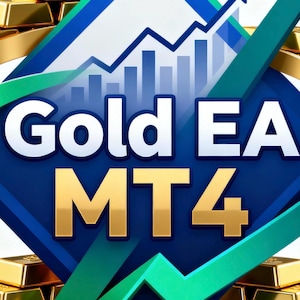 May include: An image with the text "Gold EA MT4" in white and gold lettering, set against a blue and green background. Gold bars are at the top and bottom. A chart and upward arrow are also present.