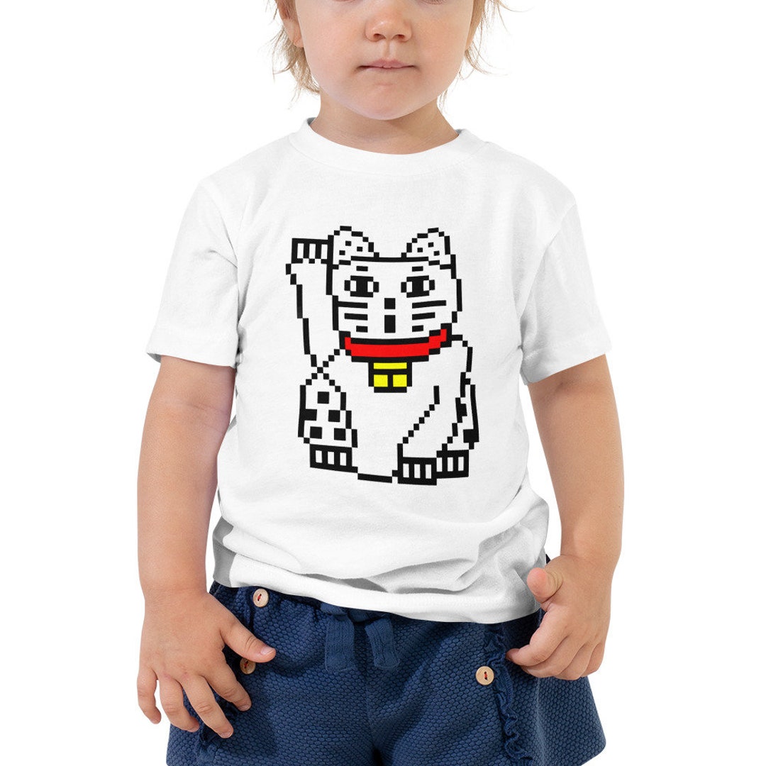 Kids 8-bit Pixel Japanese Lucky Cat Manekoneko Short Sleeve
