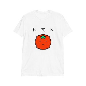 Pomodoro sorridente unisex pixel a 8 bit con t-shirt giapponese katakana a maniche corte