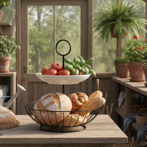 Könnte beinhalten: Rustikaler Gewächshausinnenraum mit einem Holztisch mit frischem Brot, Tomaten und Basilikum. Hängepflanzen und Topfblumen tragen zur natürlichen Ästhetik bei. Eine Gießkanne und ein Brotmesser sind ebenfalls zu sehen.
