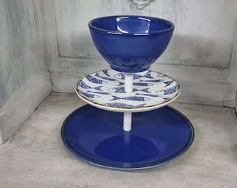 Etagere, blau, 3-stöckig, Schale, Teller, Geburtstag, NEU, maritim, Süßigkeiten, Porzellan, Obstteller, Schüssel, Unikat, Obstschale, Fisch